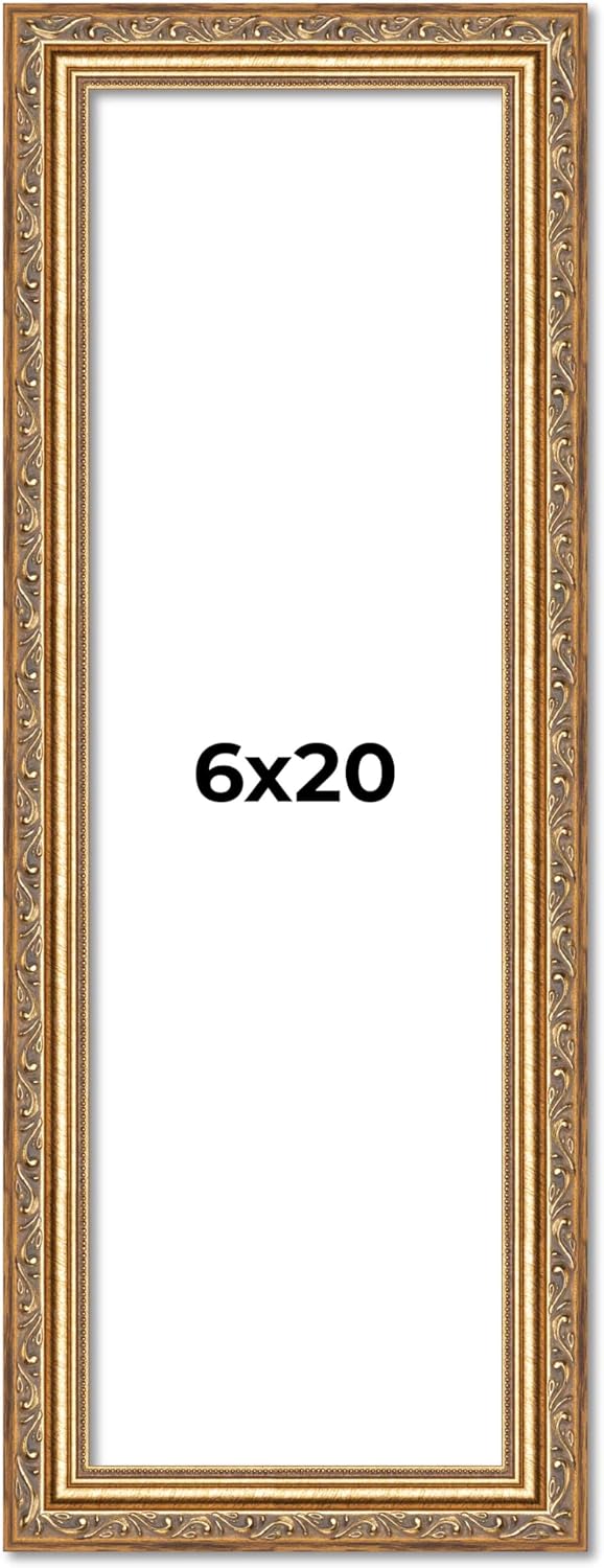 6x20 Frame Gold Solid Wood Picture Frame Width 1.25 Inches | Interior Frame Depth 0.375 Inches | Warwick Metallic Photo Frame Complete with UV Acrylic, Foam Board Backing & Hanging Hardware