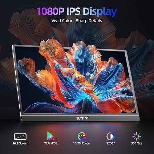Miniatura 5 de KYY Monitor portátil para laptop, extensor de pantalla de computadora de 15.6 pulgadas, 1080P USB-C HDMI, pantalla para computadora portátil,