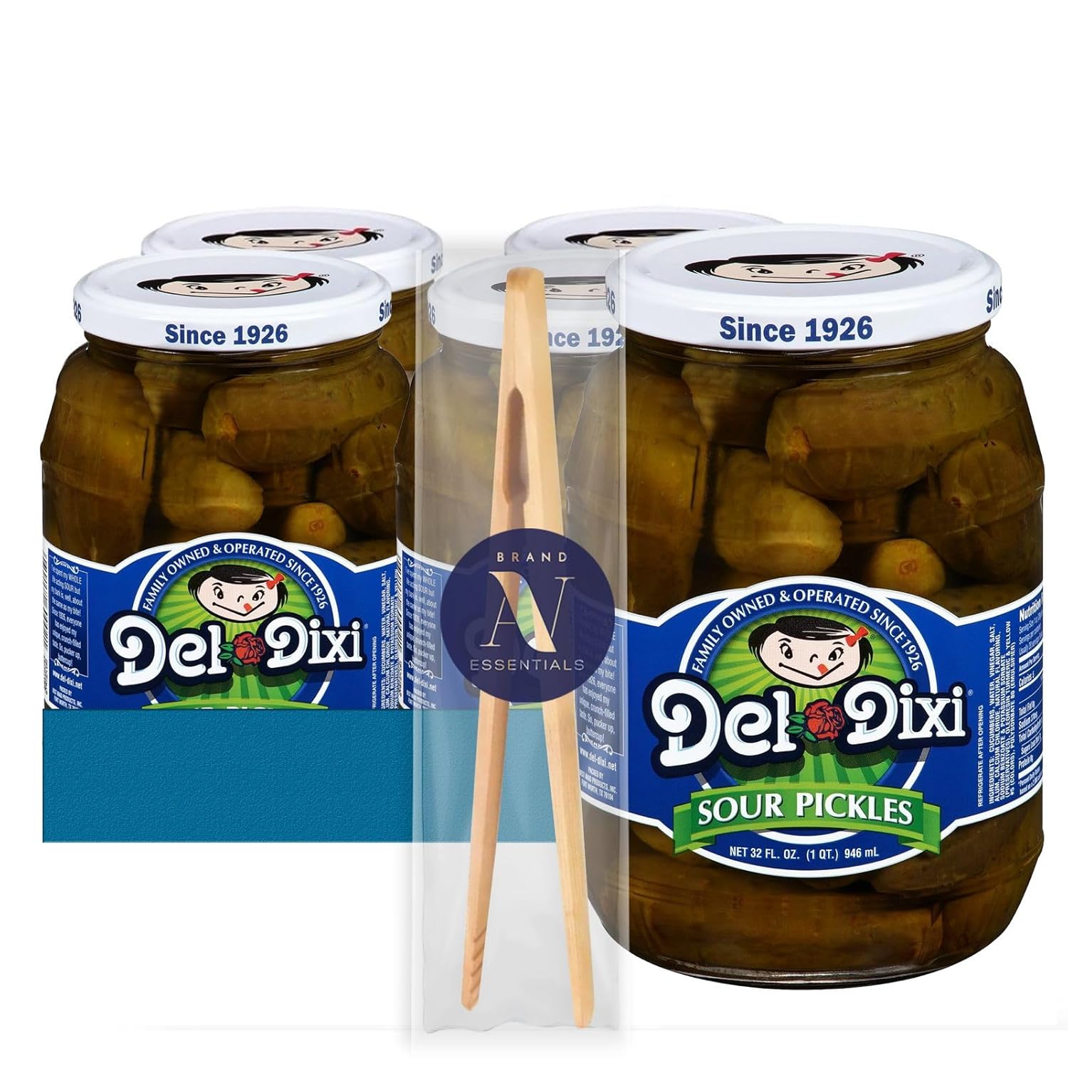 Del-Dixi - Lavinia Essentials Bundle: Pickles 4-Pack of Whole Sour Pickles in Glass Jar, 32 oz + 1 Utility Prop.