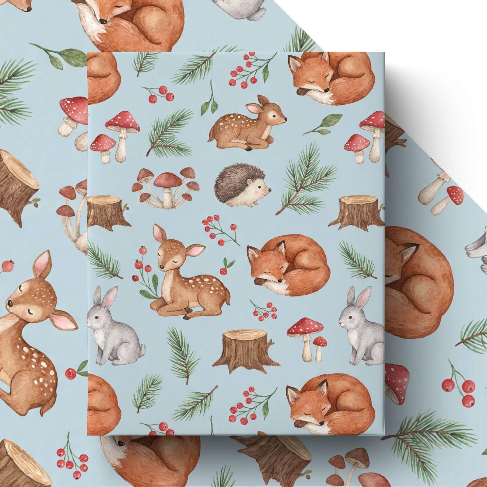4 Sheets Blue Forest Animal with Mushroom Wrapping Paper,Woodland Animal Deer Fox Gift Wrap for Kids,Christmas,Birthday,Baby Shower,Thick Art Paper,50 x 70 cm