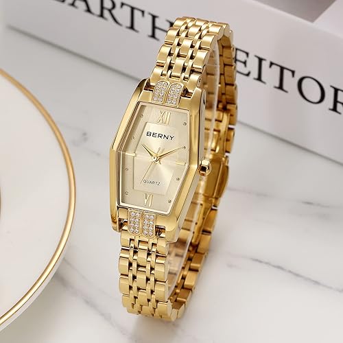 Miniatura 4 de BERNY Relojes de oro para mujer, delicado hexágono, reloj de pulsera de cuarzo para mujer, correa de acero inoxidable, reloj analógico de moda,