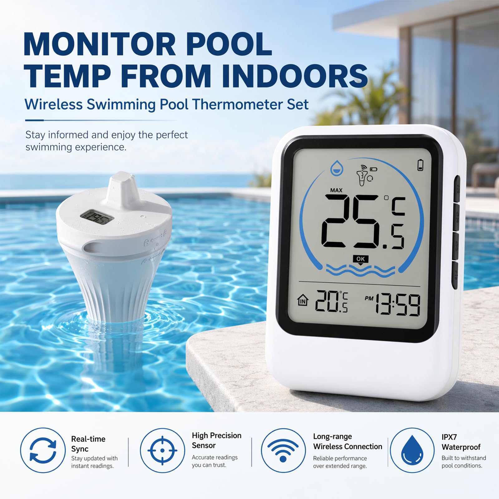 Pool Thermometer Funk, Poolthermometer Digital Funk, Schwimmendes Pool Thermometer mit IP68 Wasserdicht, Basisstation für Innenraum mit Temperatur & Uhrzeit, mit Außensensor, für Pool Teich Whirlpool