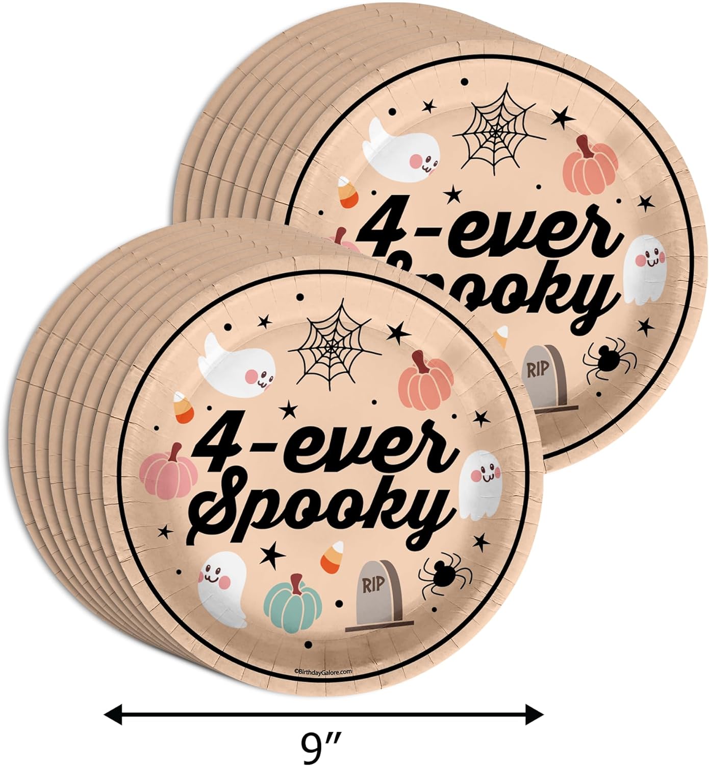 Four Ever Spooky 4th Birthday Party Supplies - 64 Piece Halloween Fourth Birthday Tableware Set Includes Large 9" Dinner Plates and 8" Dessert Paper Plates Napkins Cups - Kit for 16 - Image 2