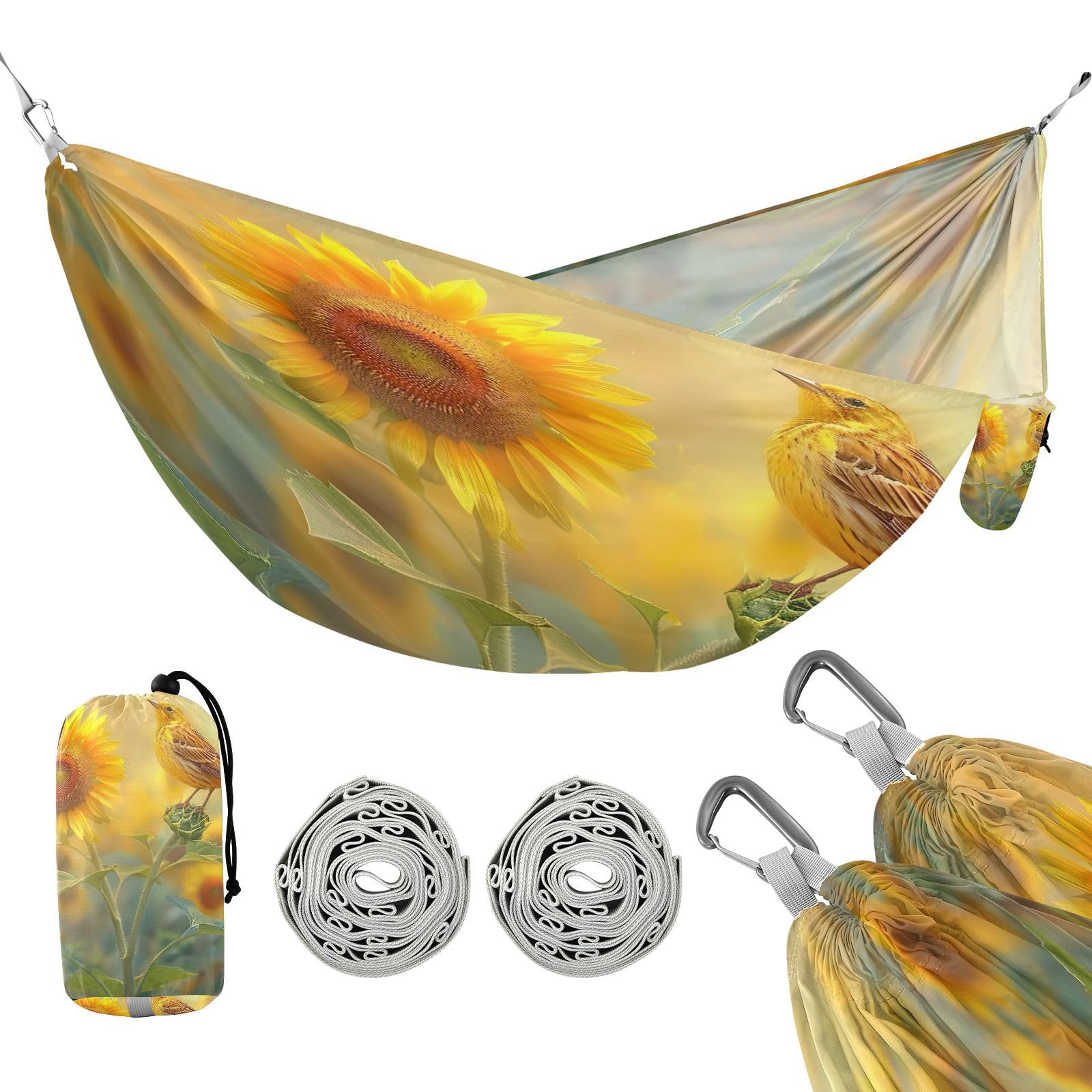Kigai Sunflower Bird Camping Hammock Durable & Portable Travel Hammock Holds 330lbs with Tree Strapsm, Pocket, Camping Accessories