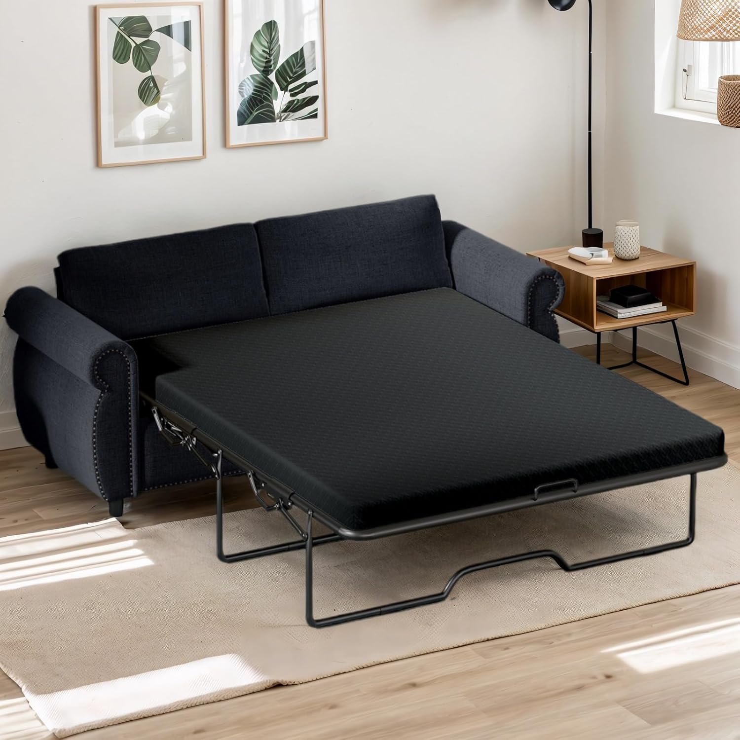 MUZZ Pull Out Sofa Bed, Full Sleeper Sofa Couch with 4" Thick Memory Foam Mattress, Modern Linen Sectional Loveseat with Rivet Decoration, Pull Out Couch for Living Room,Office(Grey,Full)