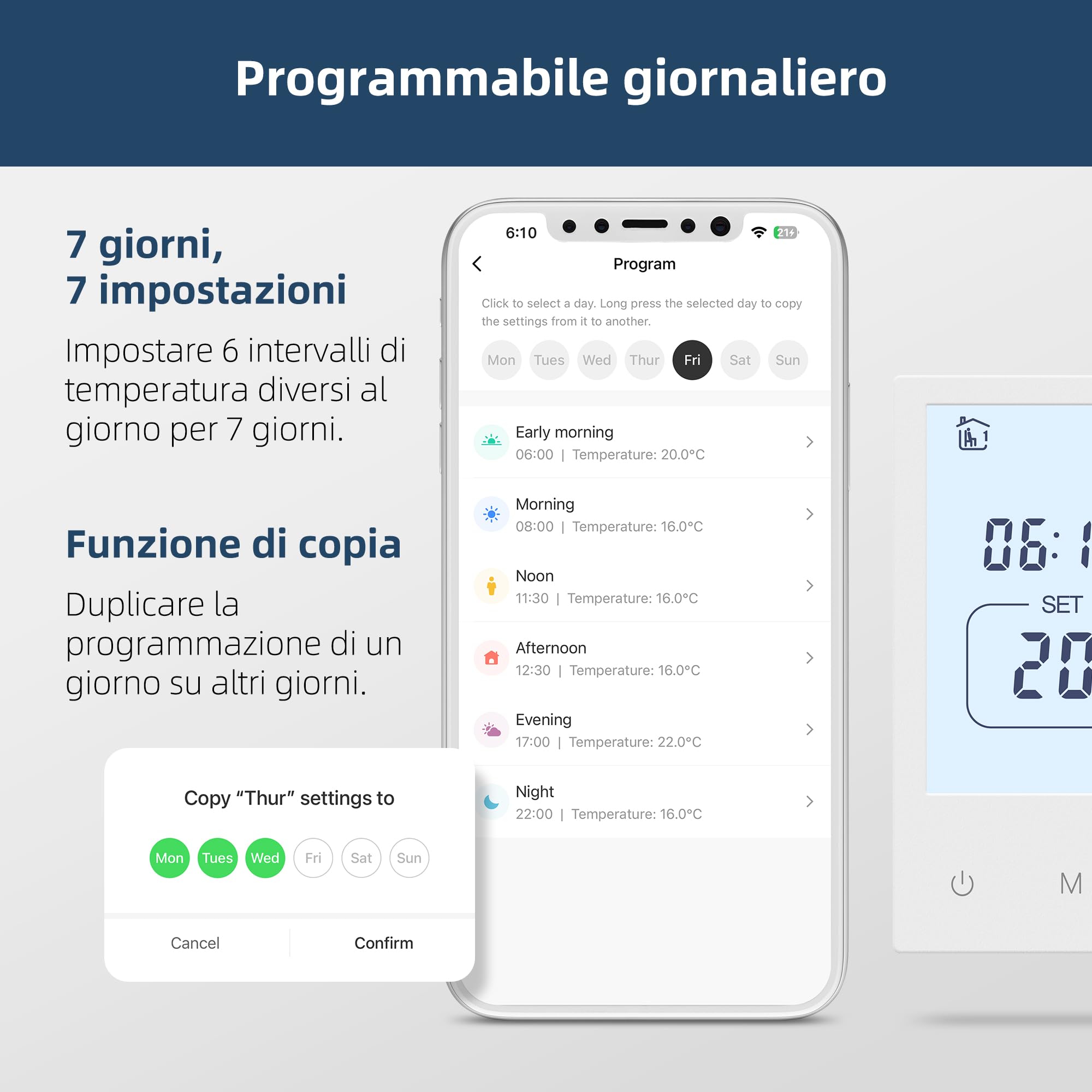 Termostato Wi-Fi per caldaie a gas e valvole Supporta la programmazione giornaliera con controllo vocale compatibile con Alexa e Google Assistant Adatto per sistemi Tuya/Smart Life (220V 3A TOL48-WPB)