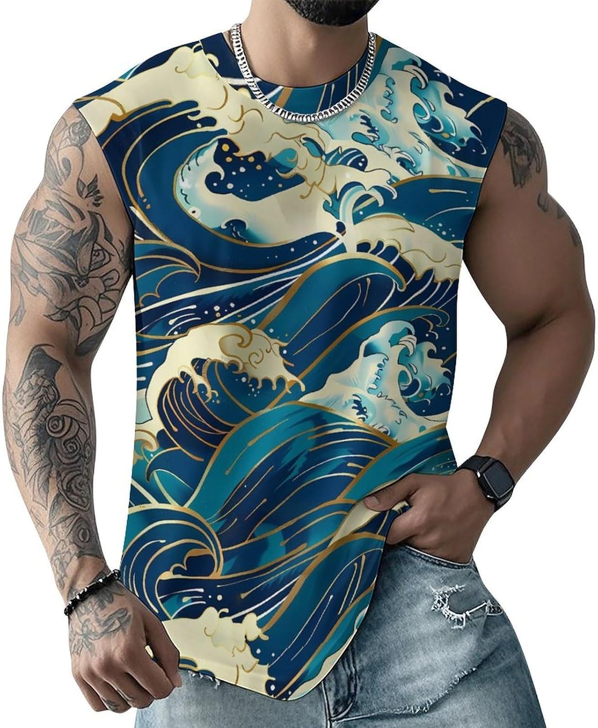 Japanese Gold Line Great Waves Men Summer Sleeveless Crew Neck Top 5XL