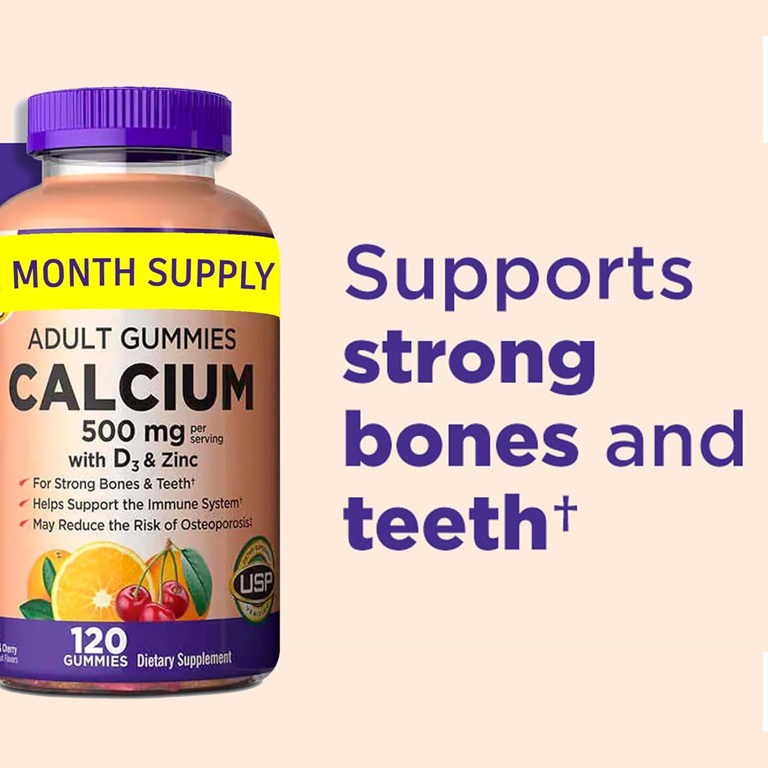 KS Calcium 500 mg with Vitamin D3 1000 IU & Zinc – 120 Gummies (2-Month Supply) – Bone, Teeth & Immune Support for Adults – Natural Orange & Cherry Flavors – USP Verified