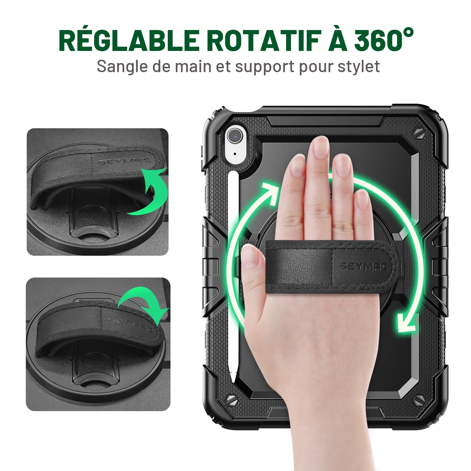 SEYMAC Coque pour iPad (A16)11ème/10ème Génération 2025/2022 11/10.9 Pouces, Coque ipad 10eme Generation, Étui Antichoc avec Protection D'écran, Support Rotatif à 360°, Porte-Crayon, Bandoulière, Noir