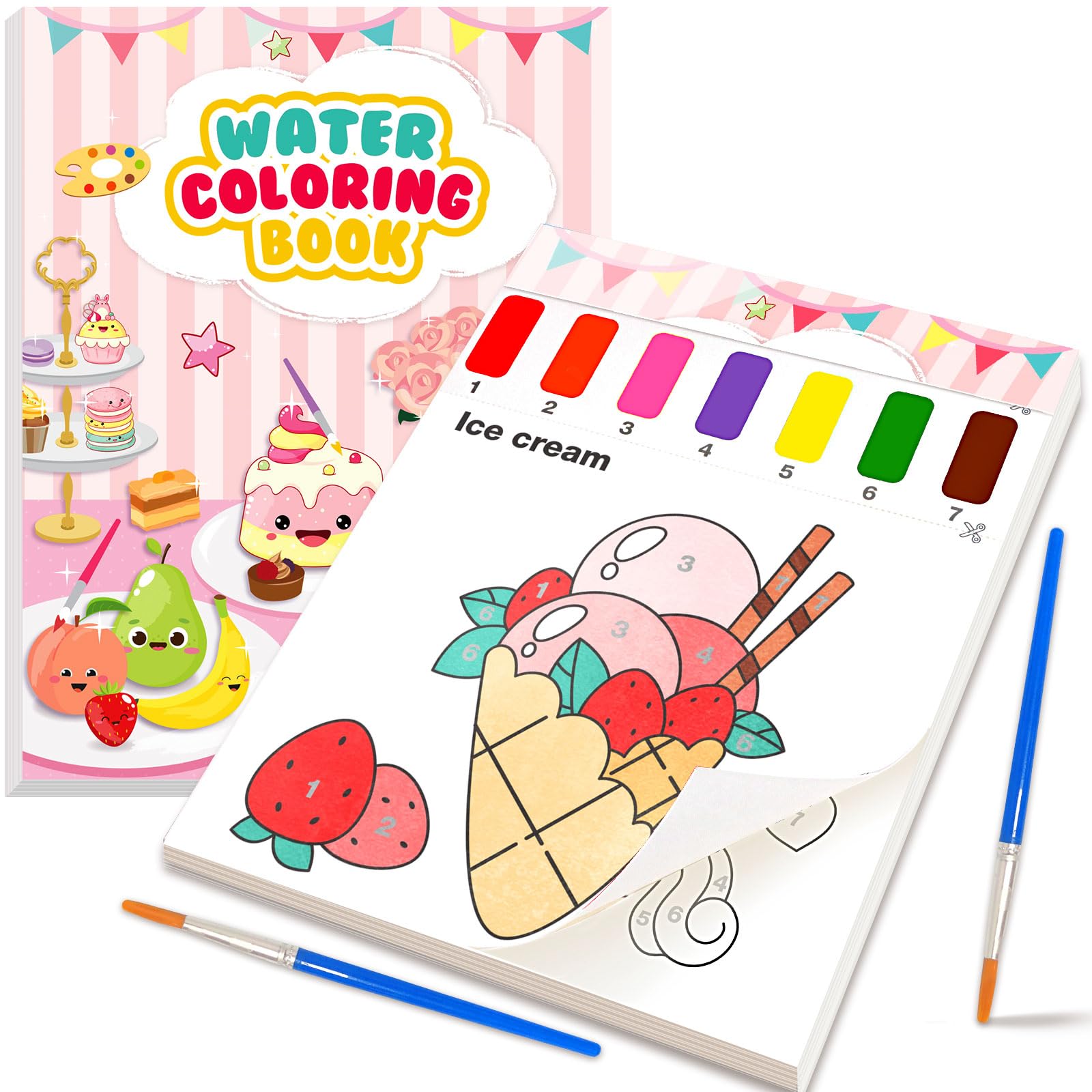 LIKYMO Painting by Numbers, Colouring Book, Water Painting Books for Kids 4-8, Arts and Crafts, Watercolor Painting Sets for Kids, Birthday Gifts Boys Girls (Pink Food)