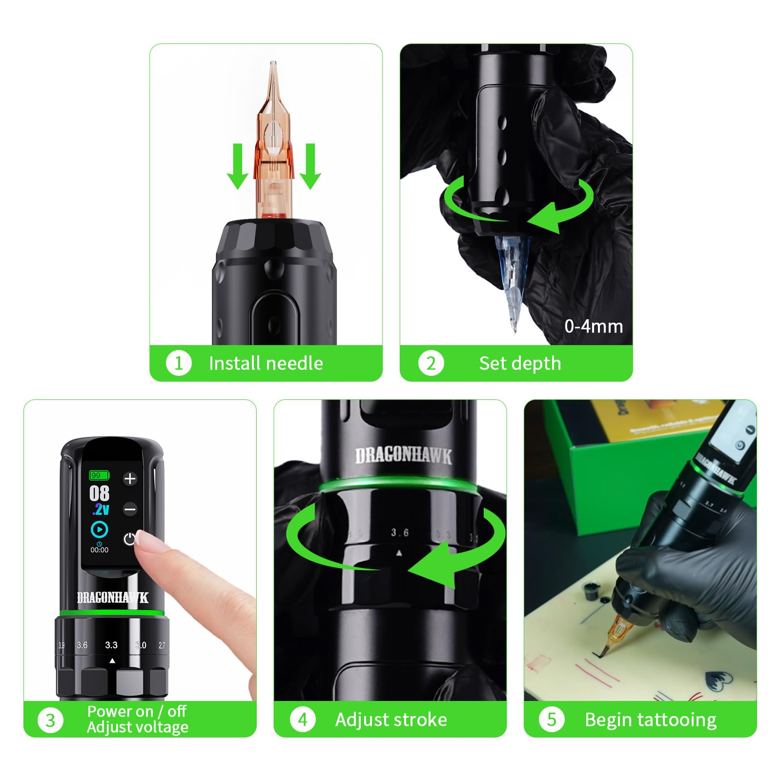 Dragonhawk L3 Tattoo Maschine Set,7 Hublängen 2 Stück 2000mAh Akkus | Kabelloses Tätowiermaschine Hub 2,4–4,2mm,RCA-Anschluss,Nadeln Für Einsteiger auf Übungshaut Rosa