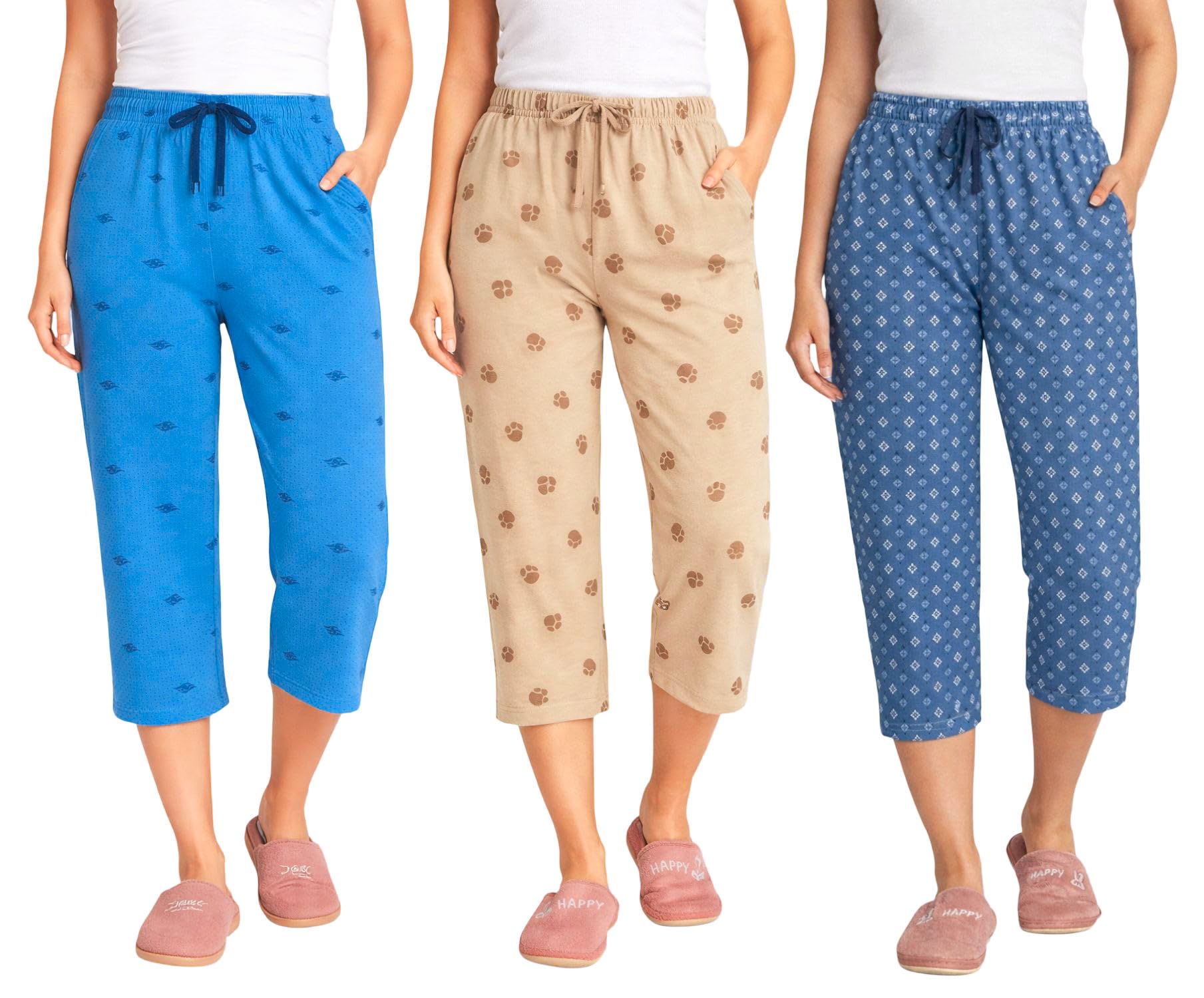 Women’s Printed Cotton Capri Pants Pack of 3 for Women with Pocket | Soft Comfortable Stretchable Daily Wear Lounge Capri Bottomwear Set (BLUE-BEIGE-BLU, M)-picture-44