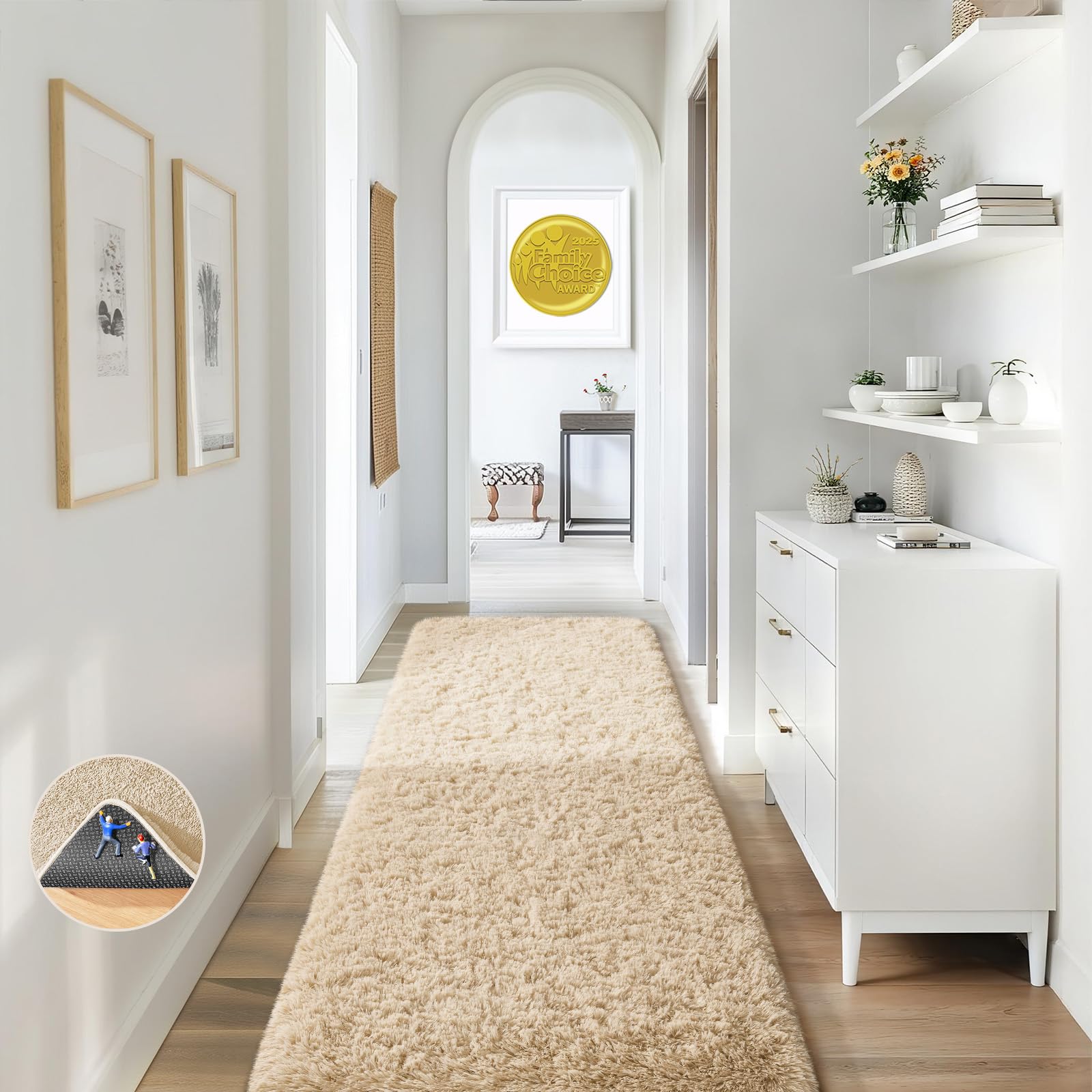 Ophanie 2x8 Runner Rug for Hallway,Upgrade Non-Slip Fluffy Soft Bedside Rugs,Bedroom Living Room Beige Shaggy Carpet for Kids Girls Boys Dorm Nursery Home Decor Aesthetic with Over 99 pcs Pile fibers
