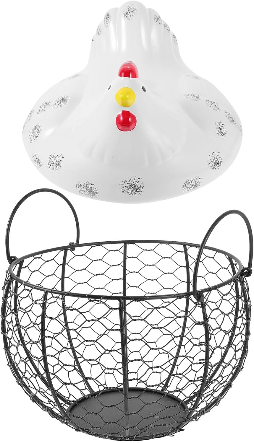 BESTYASH Creative Iron Art Chicken Shape Egg Storage Basket White Fruit Container Decorative Organizer for Kitchen Countertop Home Use