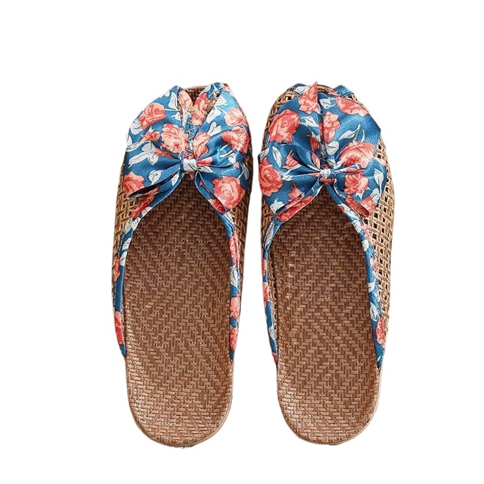 ERHTGUO Women's Breathable Linen Slippers Soft Sole Indoor For All Seasons Simple Versatile Home Wear Sandals(Bow blue,35-36)