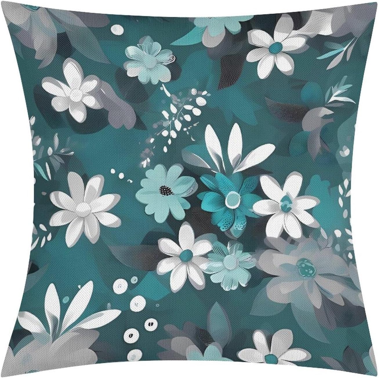 Teal Grey and White Floral Pillow Protectors Cute Waterproof Pillow Cover Soft Skin-Friendly Cushion Case Decorative Square Cushion Cover for Couch Sofa Bed Living Room Bedroom