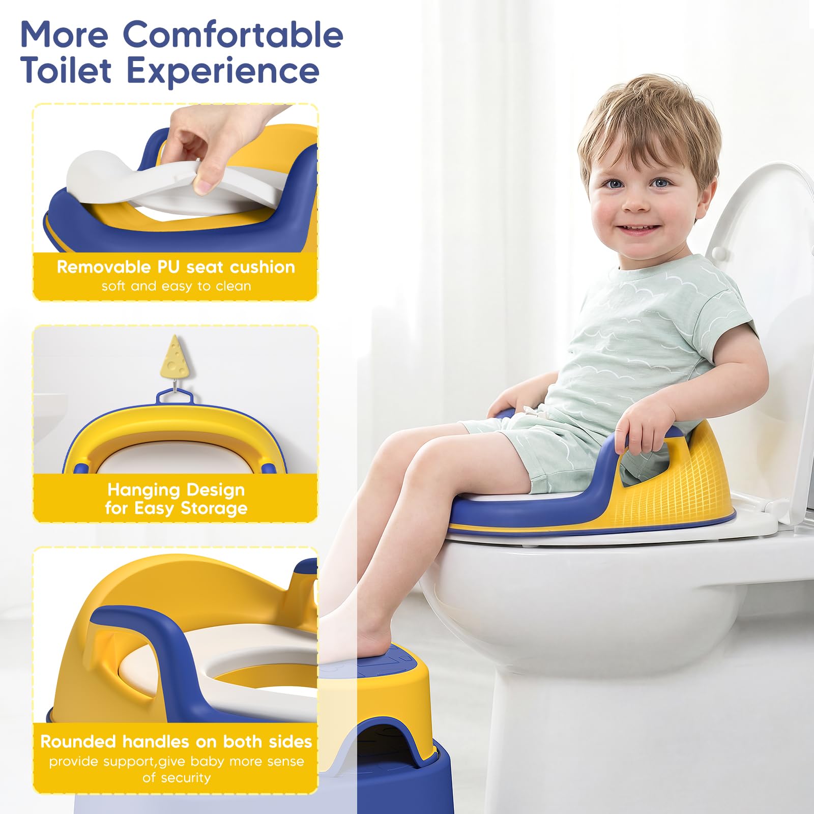 Rehausseur Toilette Enfant avec 2 Marches Pied Transportable, Reducteur Toilette de 1 à 8 Ans garçons et Filles, Coussin Anti-éclaboussures Reducteur de WC avec Marche Pied Bébé (Bleu-Jaune)