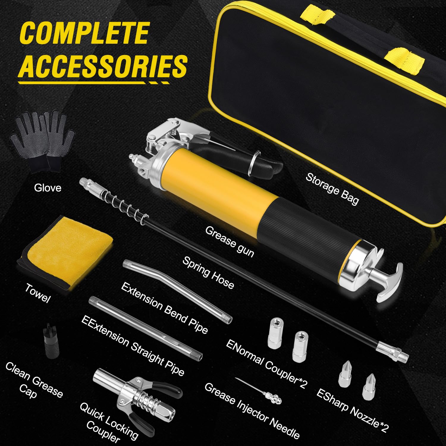 Grease Gun Kit, 7000 PSI Heavy Duty Pistol Grip Grease Gun with 14 oz Capacity, Includes 18 Inch Resin Flex Hose, Double Handle Grease Coupler and Other Accessories, Grease Gun for Automotive, Marine