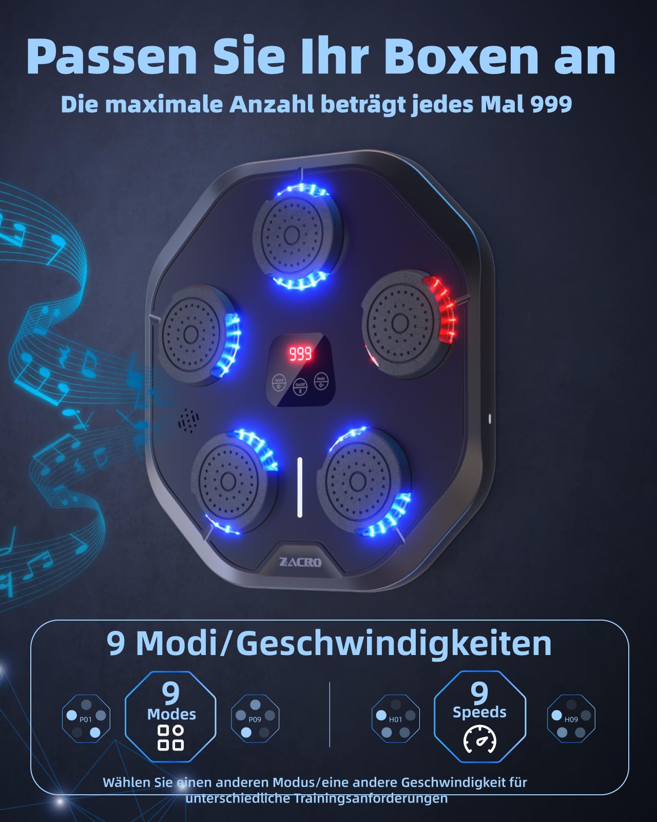 Zacro Musik Boxmaschine, LED Music Boxing Machine, Smart Music Boxing Machine,Wall Mounted Boxing Workout mit 9 Modi/Geschwindigkeiten, Boxmaschine mit Musik, Schlaghandschuhen und Stirnband