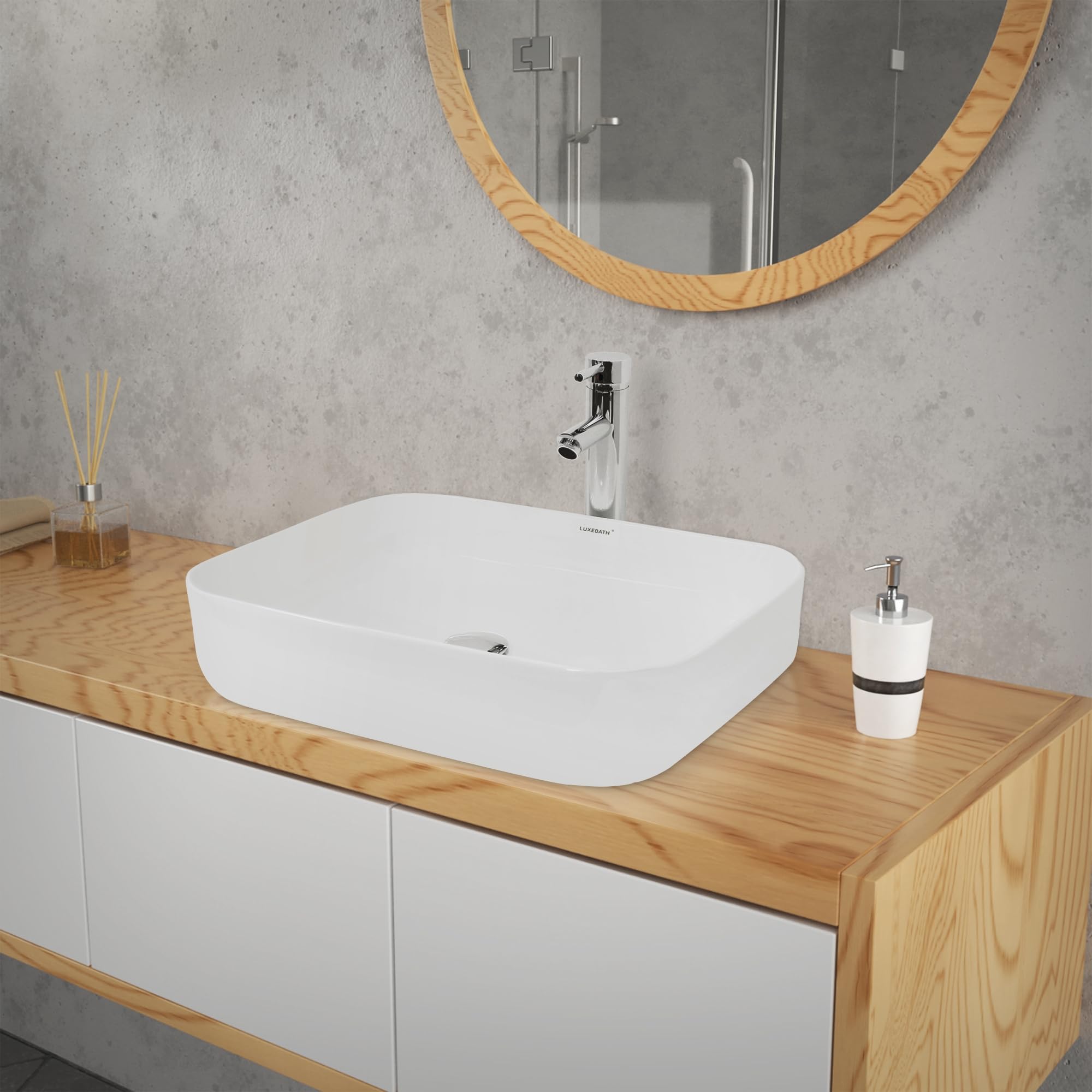 ECD Germany Lavabo da Appoggio in Ceramica Bianco Rettangolare 505x395x135 mm Design Moderno Lavabo Moderno da Appoggio Ceramica Lavandino Lavamano con Set di Scarico Lavabile 1 1/4" in Ottone Cromato