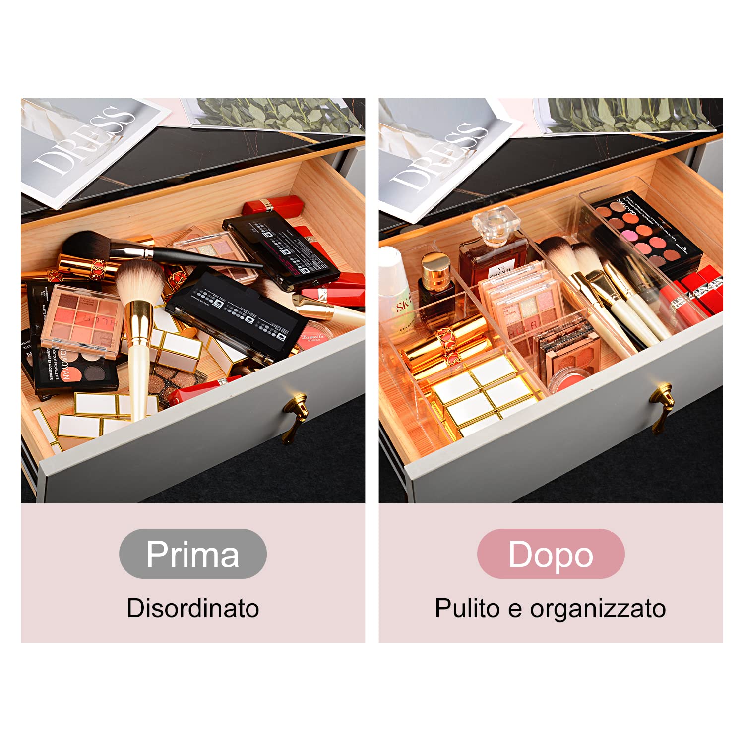 JessLab Organizer per Cassetti, Organizer per Trucco in Acrilico Espositore per Gioielli per Cosmetici per Scrivania Guardaroba Bagno Vanity Countertop, Trasparente (3+3 Compartment)