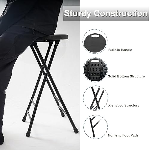 Miniatura 3 de Taburete plegable de 24 pulgadas con asa, taburete de bar plegable con pies antideslizantes, silla plegable, taburete plegable para interiores y