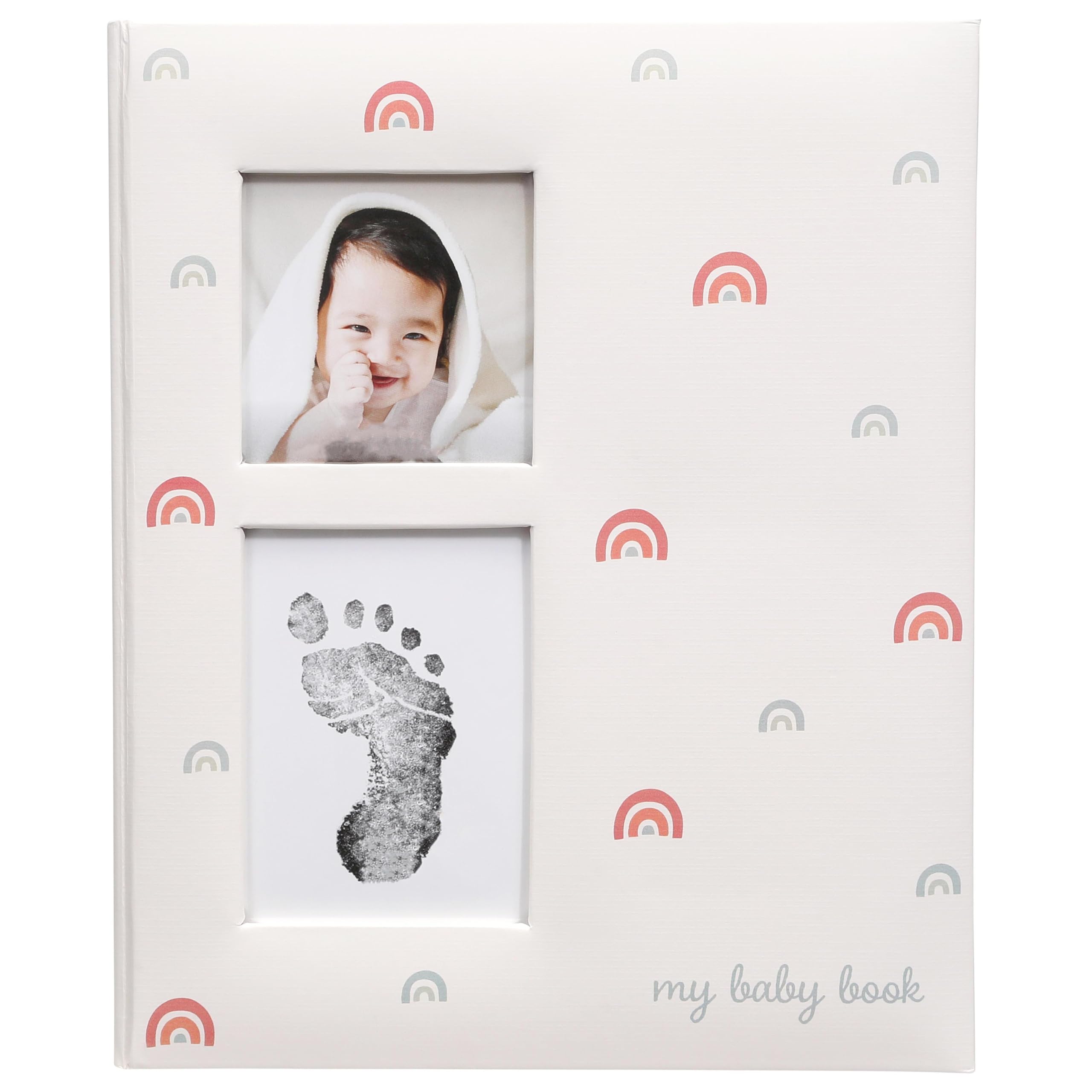 Kate & Milo Babybook and Ink Pad, Gender-Neutral Baby Keepsake, Baby’s First Year Milestone Moment Baby Book, Memory Journal, Gray and Pink Rainbow-image-2