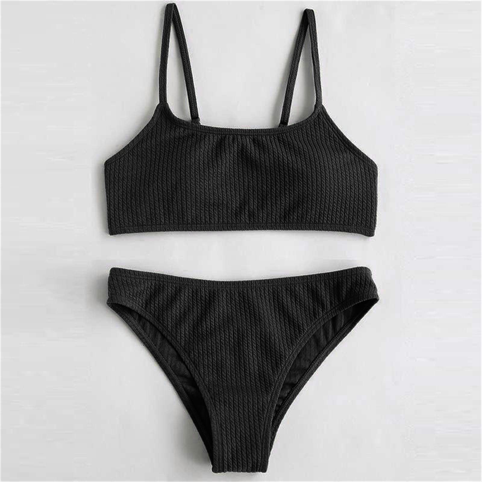 Bikini con lunares de dos piezas para niñas, cintura alta, traje de baño, negro