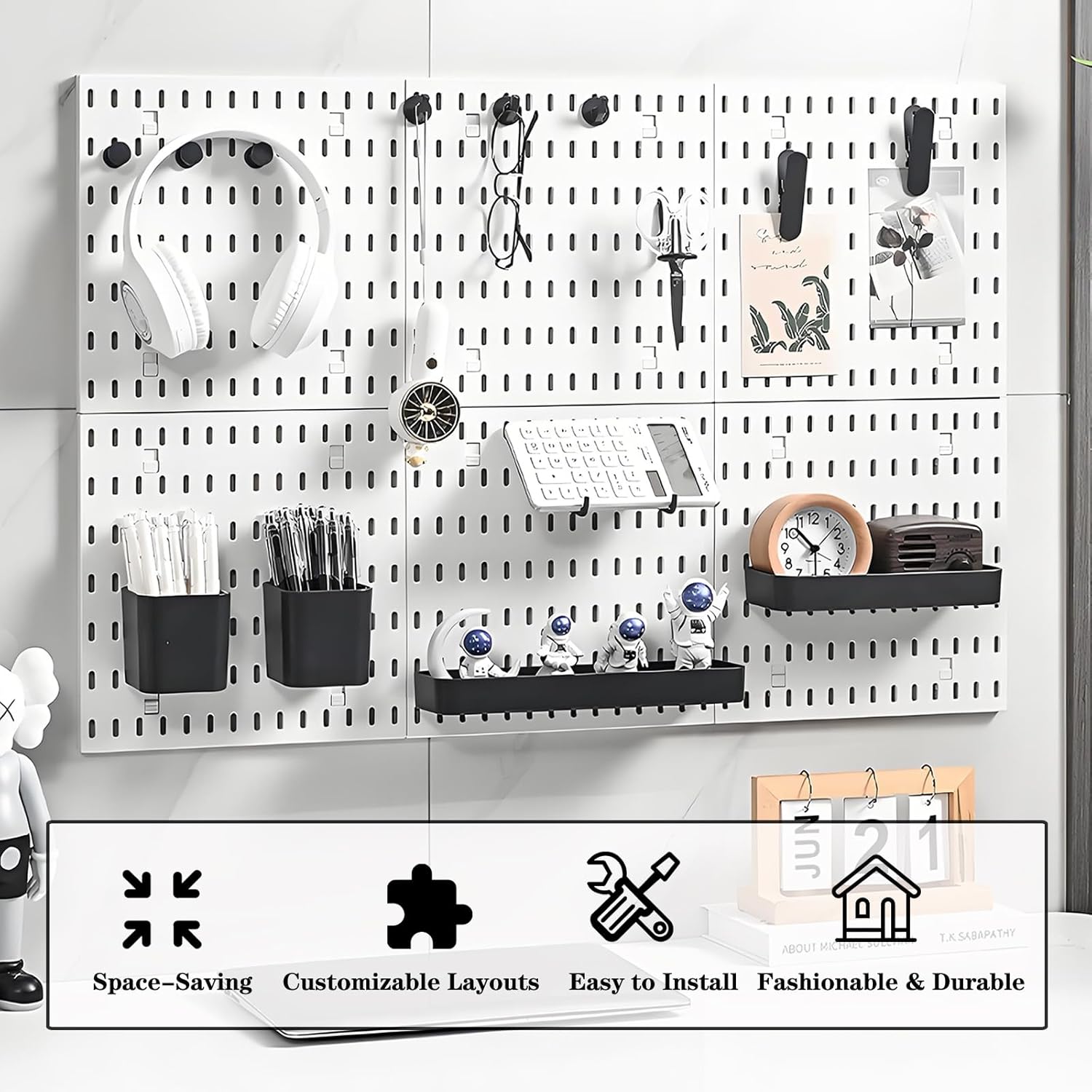 Pegboard Combination Kit, Pegboard Wall Tool Organizer Set with 4 Pegboards 2 Bins 2 Shelves & 12 Hooks No-Drill Mounting for Home Office & Craft Rooms