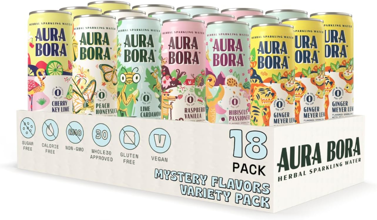 Aura Bora, Mystery Flavor Variety Pack, Herbal Sparkling Water, 12 oz Can (Pack of 18), 0 Calories, 0 Sugar, 0 Sodium, Non-GMO, Flavors May Vary