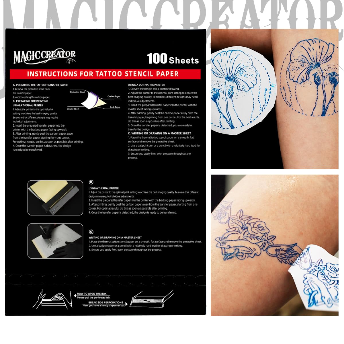Overview image showing instructions for tattoo stencil paper, including preparation, thermal printing, and freehand drawing.