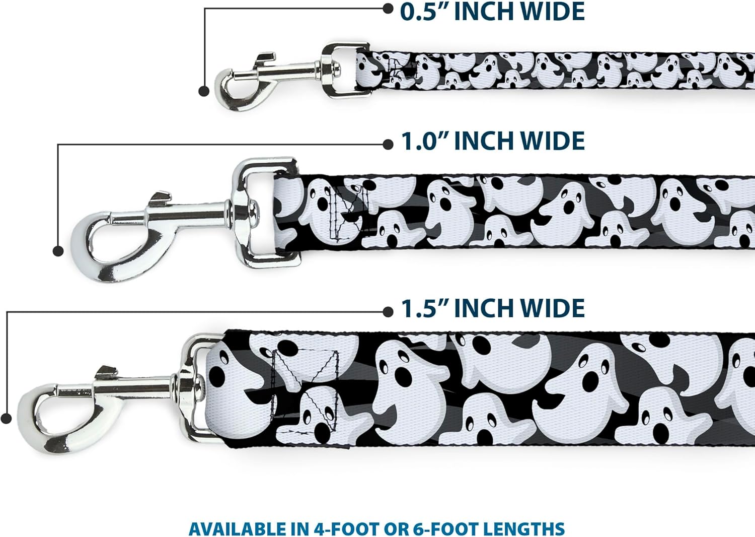 Dog Leash Ghosts Scattered Black White 6 Feet Long 1.5 Inch Wide