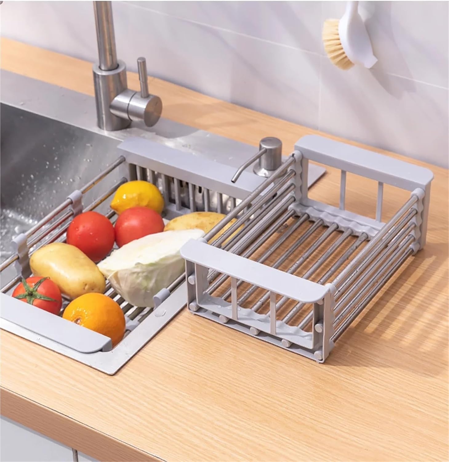 Expandable Sink Drainer Adjustable 28-47cm Stainless Steel+PP Anti-slip Large Capacity Vegetable & Cutlery Drainer(Small)