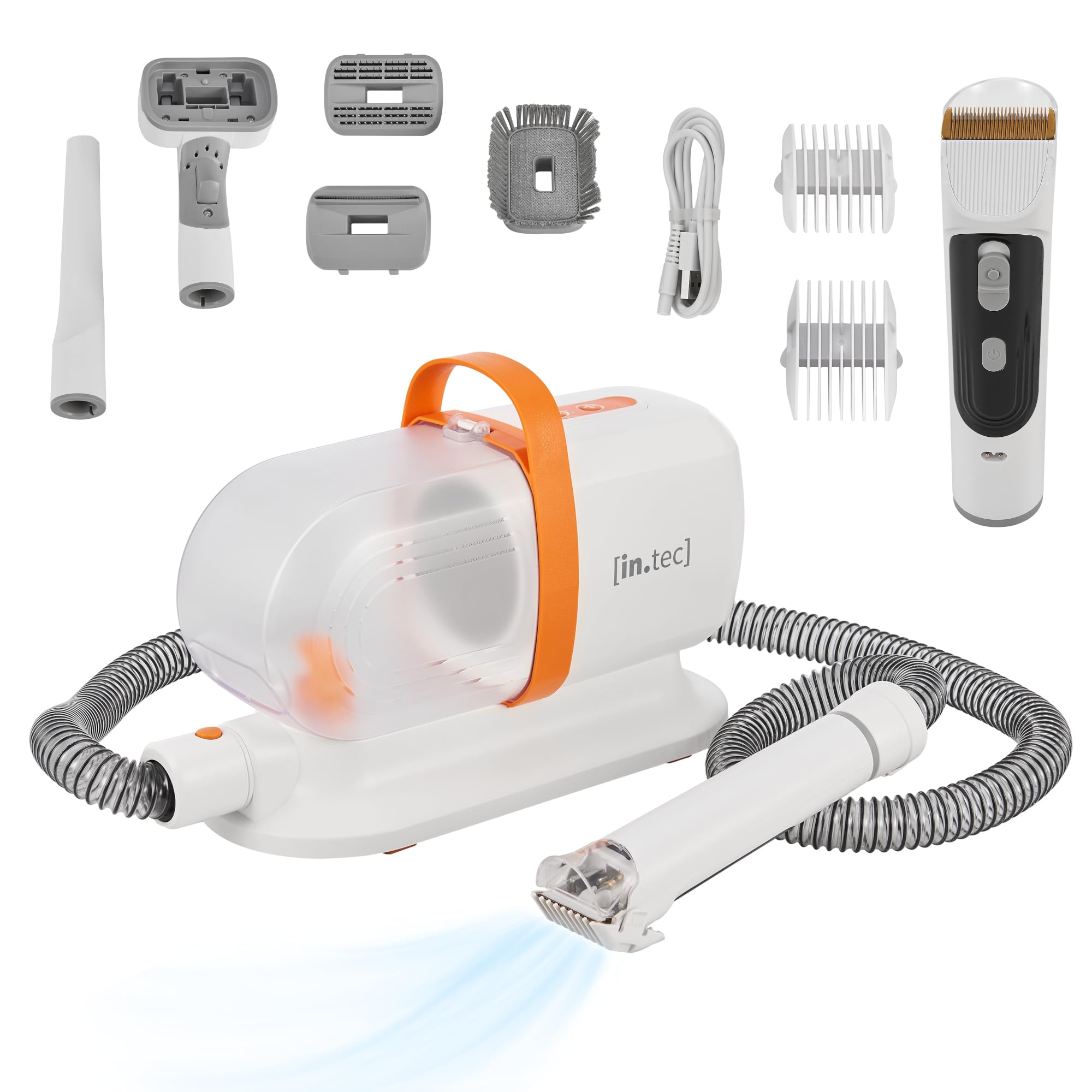 in.tec Tondeuse pour Chien avec Aspirateur Kit de Toilettage 5 en 1 avec Peignes Brosses 3 Modes d'Aspiration Tuyau de Séchage Plastique Métal 23 x 33 x 14 cm Blanc Orange