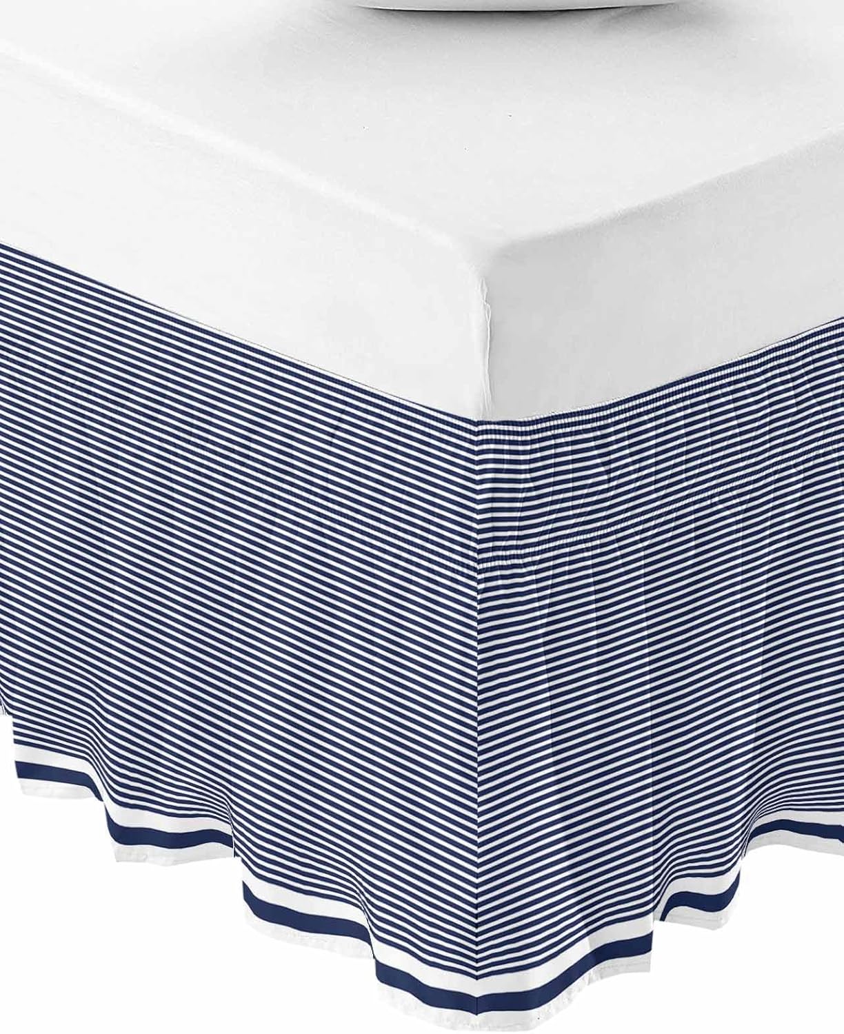 Farmhouse Beige White Striped Bed Skirt Queen Size 18 Inch Drop, Adjustable Elastic Bedskirt Dust Ruffle for Queen Bed, Modern Stripes Wrap Around Bed Skirts Luxurious Pleated Bed Frame Cover