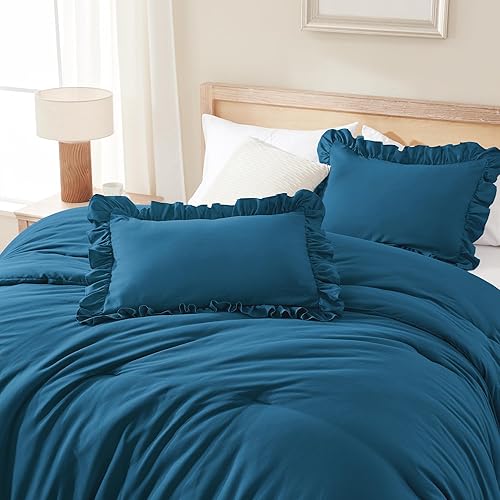 Miniatura 54 de Andency Juego de edredón beige tamaño King, 3 piezas estilo farmhouse shabby chic con volantes, ligero esponjoso suave de microfibra para todas