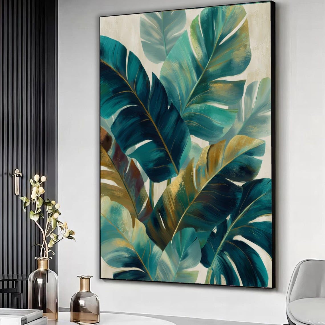 YUSUZHU Banana Leaves Canvas Wall Art, Teal and Gold Botanical Print,Nature Canvas Decor, Abstract Leaf Painting for Living Room(80x110cm/Frameless)
