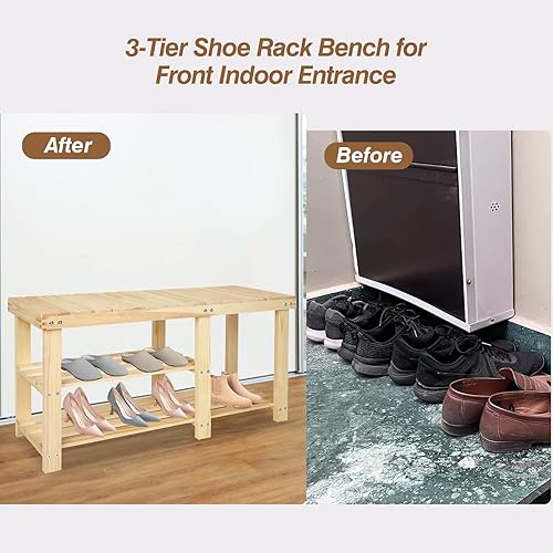 Miniatura 18 de ECOMEX Banco de entrada de 2 niveles con estante para zapatos, banco de almacenamiento de madera para pasillo, color natural, grande Color