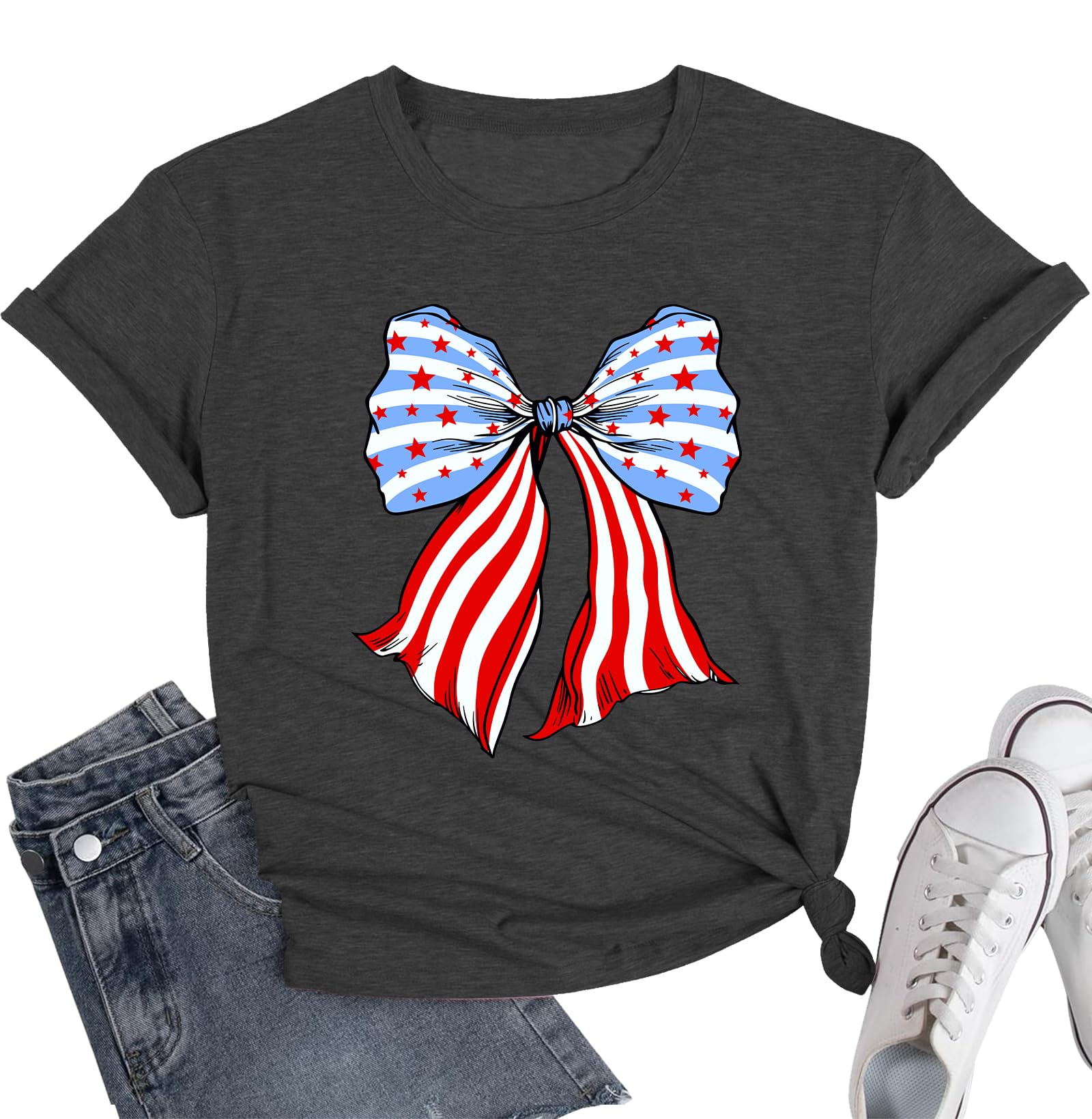 4th of July Shirts Women USA Shirt Patriotic T Shirt American Flag Shirt Bow Holiday Vacation Casual Outfit