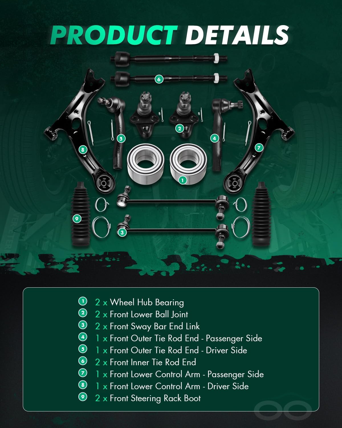 SCITOO 14pcs Front Suspension Kit Lower Control Arm Ball Joints Sway Bar Links Inner Outer Tie Rod Ends w/Steering Boots Wheel Bearing Hub fit for 2003-2008 for Toyota Corolla