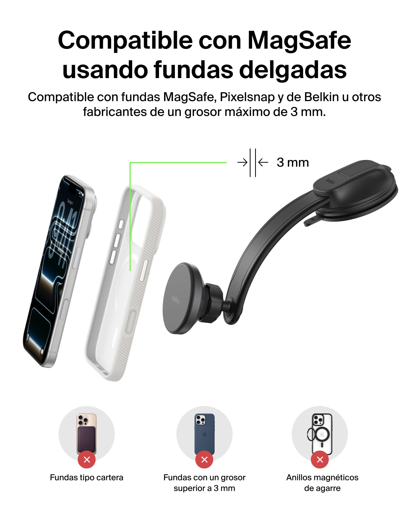 Belkin Cargador Coche Carga Rápida con Soportes para Rejilla de Ventilación y Salpicadero, Cable USB-C, Cargador Magnético Inalámbrico Qi2, MagSafe, iPhone 17, Pixelsnap y Galaxy S25 - Negro
