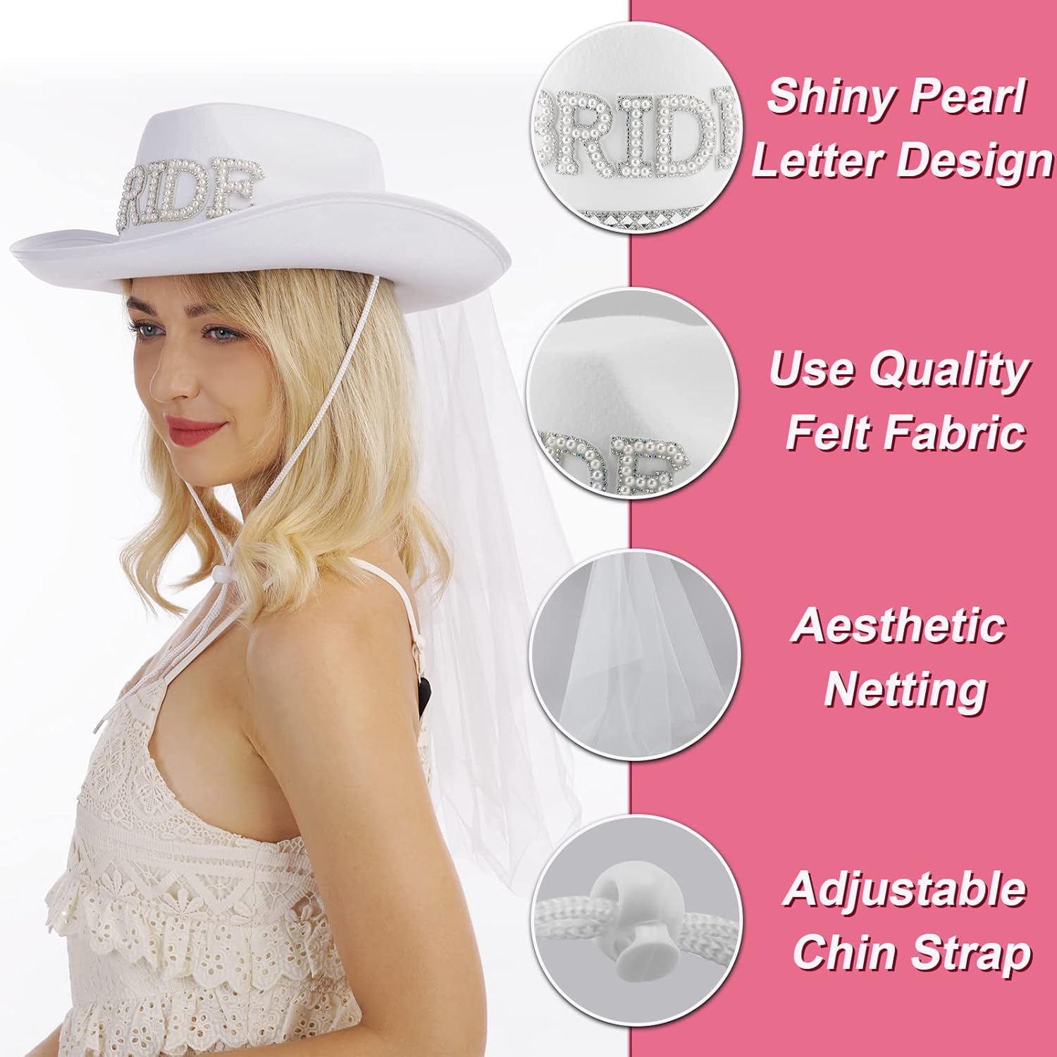 quescu Bridal Cowgirl Hat for Bachelorette Party,Rhinestone White Cowboy Hat for Women Bride To Be Gift,Halloween Costume - Image 5