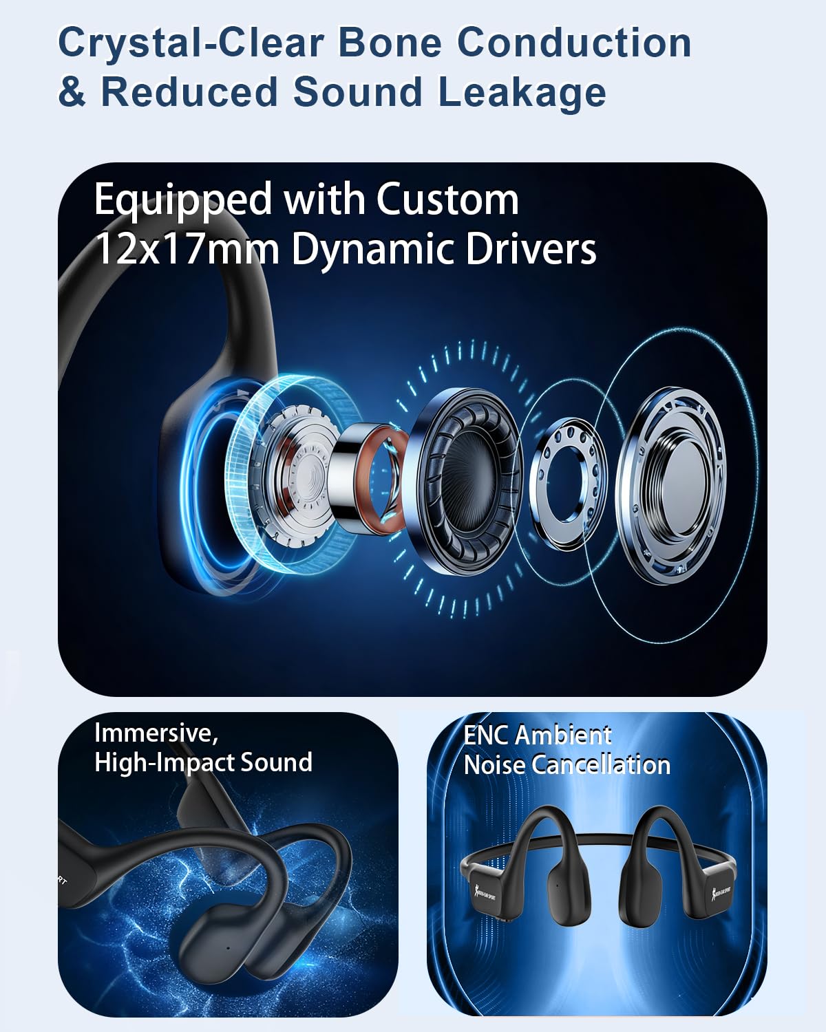 Casque à conduction osseuse, casque Bluetooth sans fil à oreilles ouvertes avec micro (noir)
