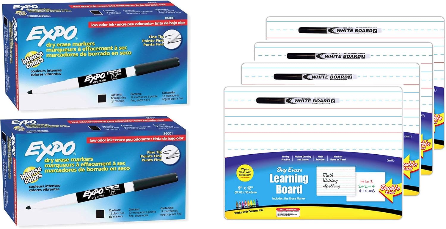 Bundle of EXPO Low Odor Dry Erase Markers, Fine Point, Black (Pack of 2) with 4 Double Sided Dry Erase White board…