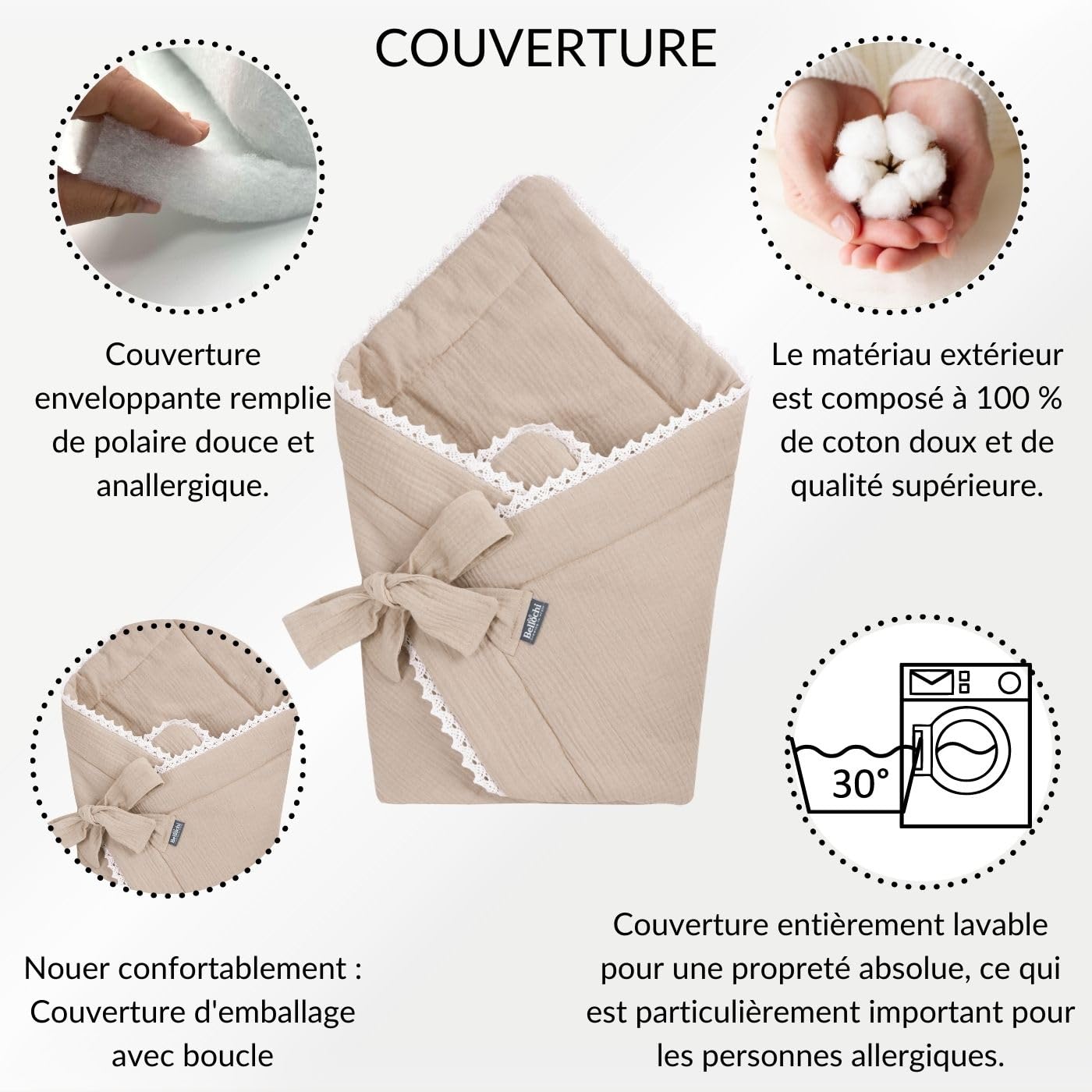 Bellochi Universelle Nid d'ange Bebe - Minky - Réversible Couverture Enveloppante Bébé - en Mousseline Hypoallergénique - Couverture Cosy Toute l'Année - Cuddly Muslin Beige