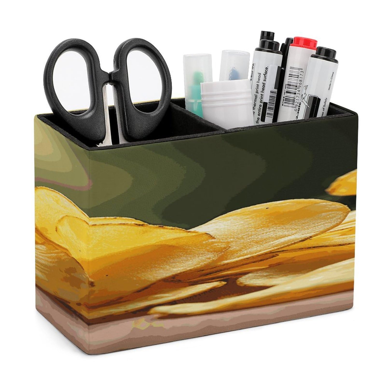LDGSUPH Potato Chips Leather Pen Holder for Desk Organizer Caddy Large Pencil Cup Multi-function Pencil Holder Makeup Brush Holders Pen Organizer for Home Office Storage Box