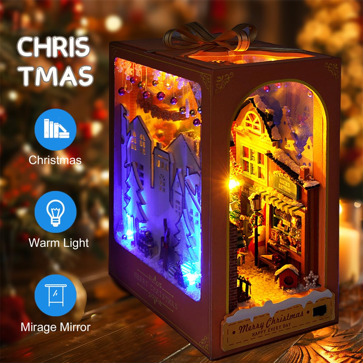 Book Nook Book Nook Kit, DIY Christmas Book Nook, Book Nook Kits for Adults, 3D Wooden Mini House Building Kit, Ro-Life Book Nook booknook Kit Suitable for Adults and Teenagers