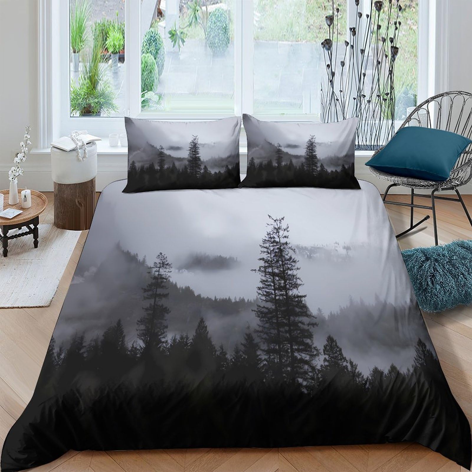 GPLZQXKJNH 3D Printed Misty Forest Duvet Cover Microfiber Soft Breathable Pine Tree Bedding Set with 2 Pillowcases for Bedroom Decor, Single（135x200cm）