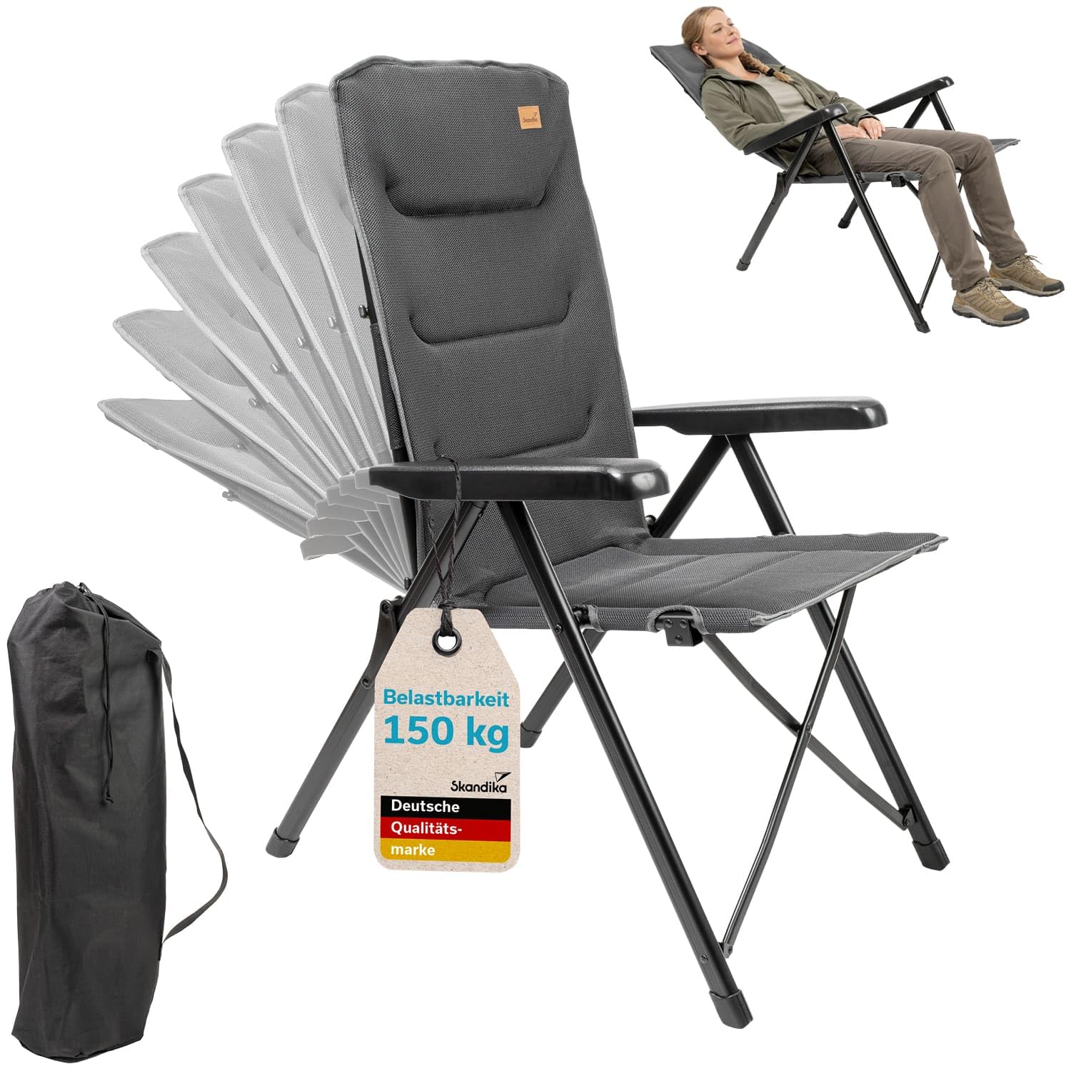 Skandika Klappstuhl Lepola | Campingstuhl faltbar aus Aluminium, Alu-Gartenstuhl, 7-Fach verstellbare Rückenlehne, 180kg belastbar, klappbar, hohe Lehne, Kopfstütze | Camping, Garten