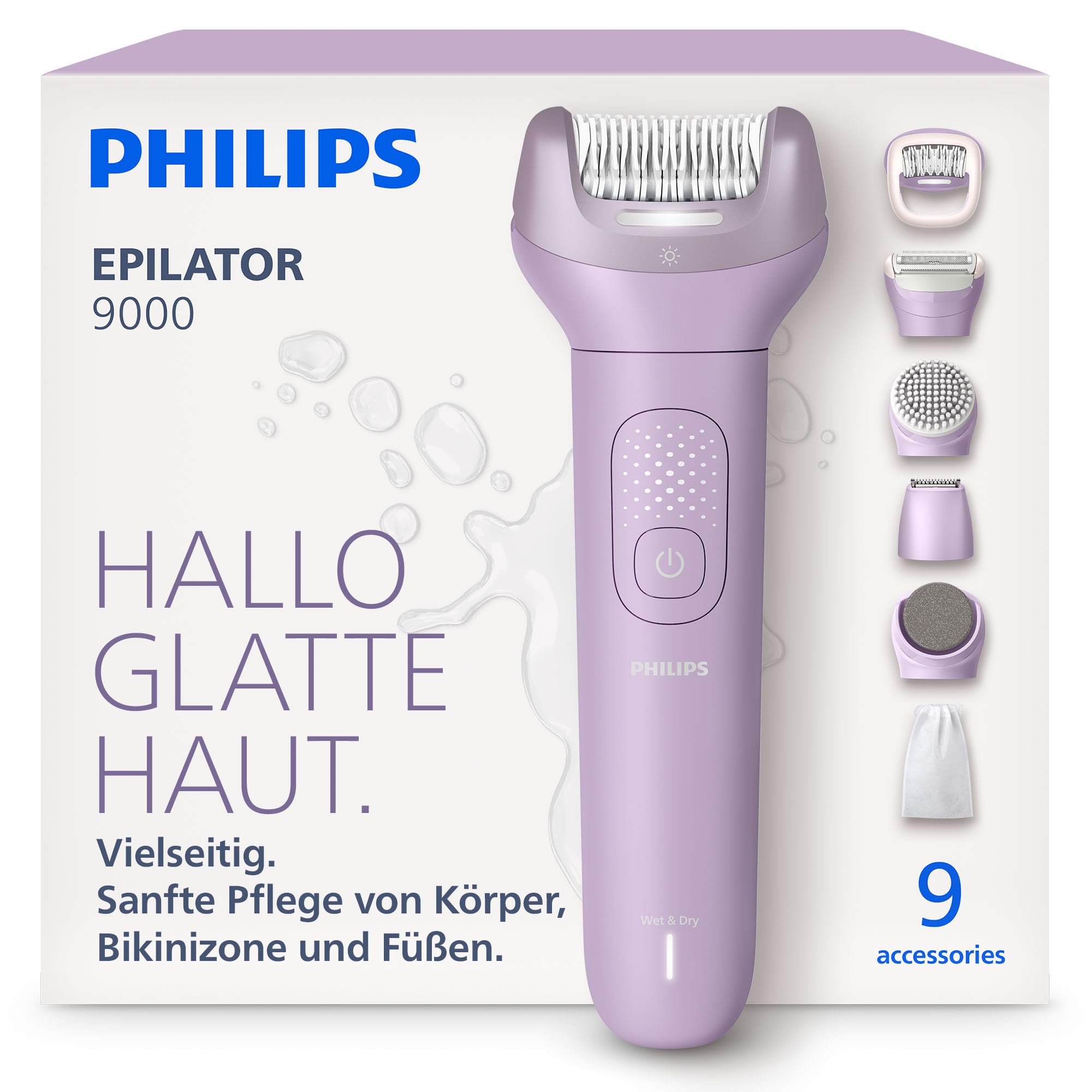 Philips Epilierer Series 9000 Kabelloser Epilierer Nass- und Trockenanwendung BRE728/00 60 Min. Akku 9 Zubehörteile